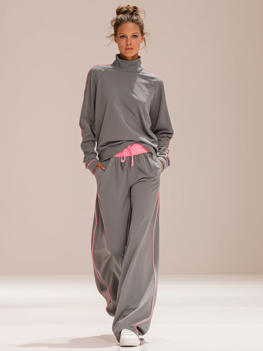 Loose-fitting High-necked Long-sleeved Top And Trousers Set