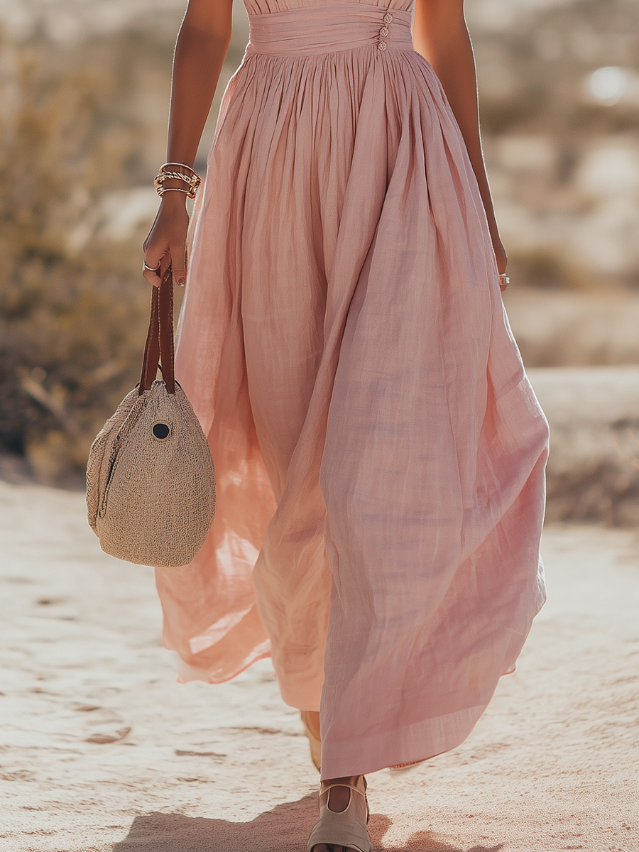 Bohemian West Resort Elegant Sleeveless Cotton Linen Dress