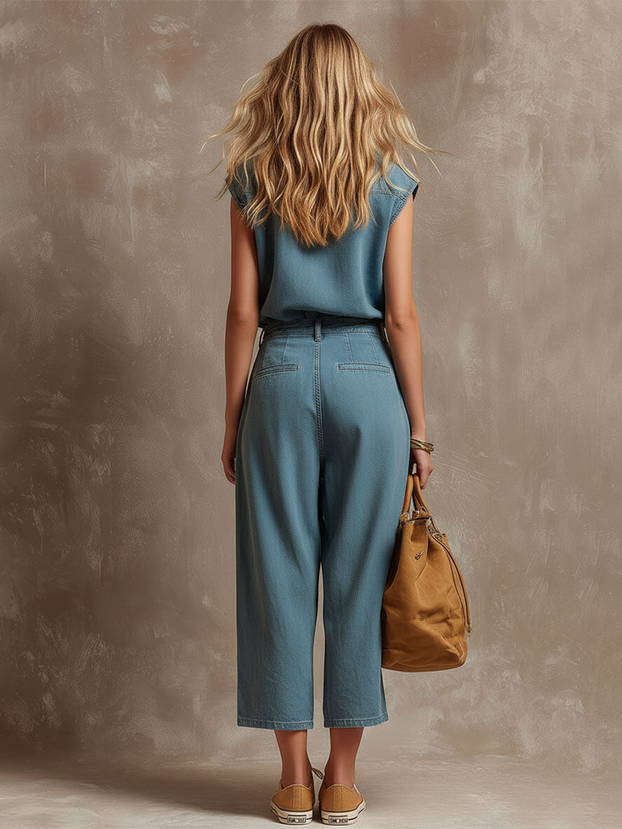 Stylish Retro Blue Sleeveless Button-down Washed Denim Top And Pants Set