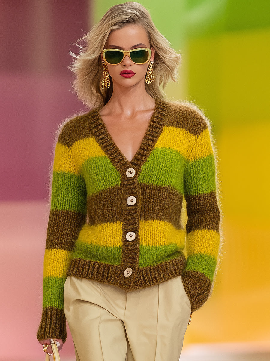 Casual Brown And Yellow-green Striped Knit Cardigan
