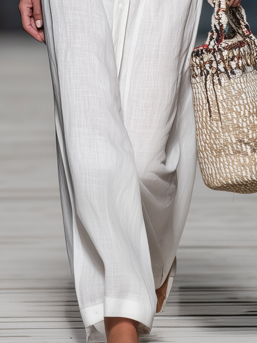 Stylish White Linen V-neck Maxi Dress With American-style Embroidery