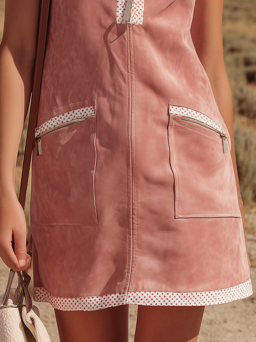 Western Bohemian Style Stand-up Collar Sleeveless Zip-up Faux Suede Mini Dress
