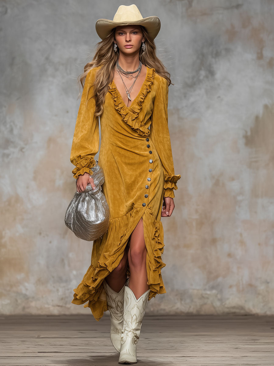 V-neck Ruffled Button-front Slit Faux Suede Long-sleeved Midi Dress