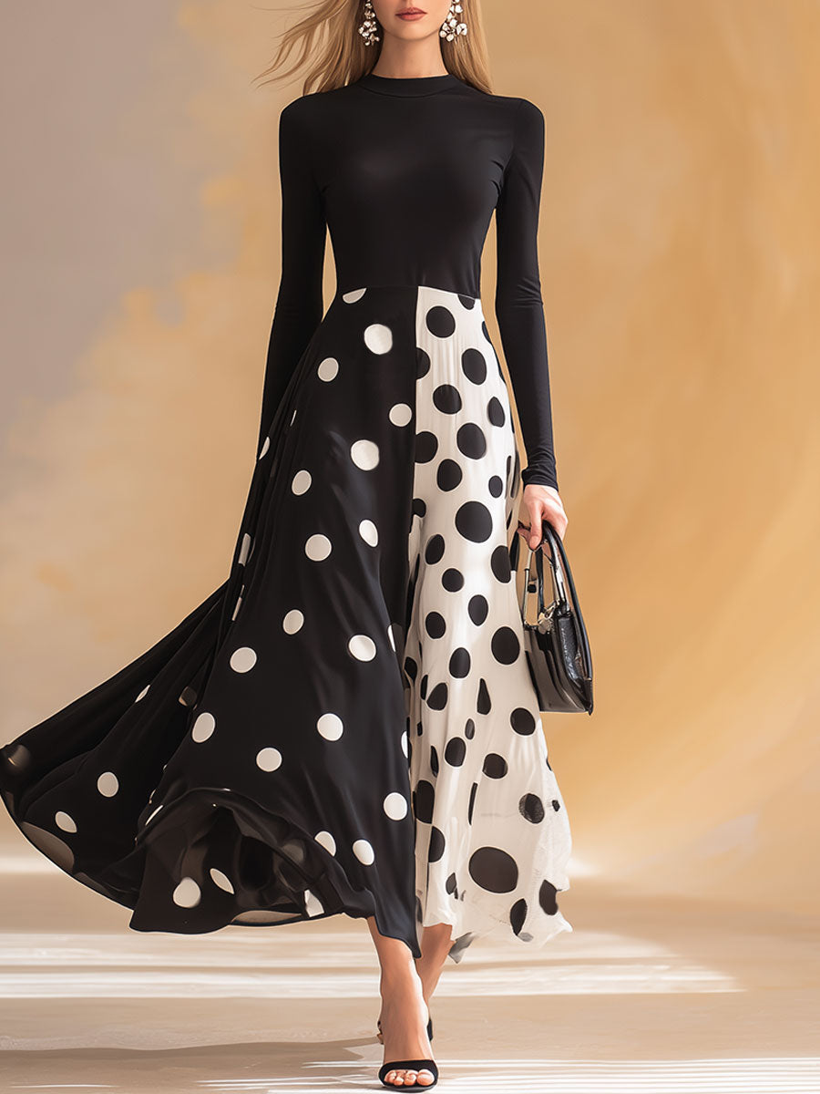 Stylish Retro Black And White Polka Dot Maxi Dress