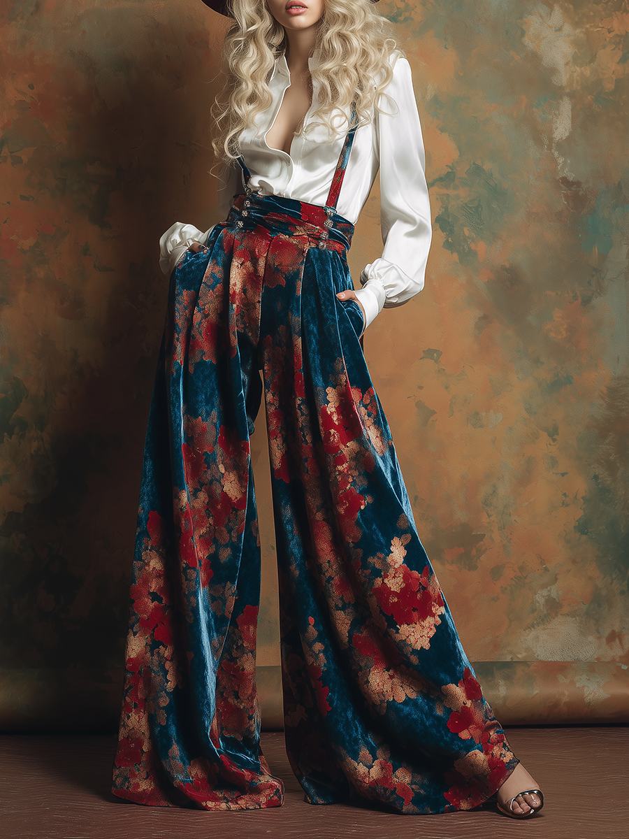 Retro-chic Printed Velvet Wide-leg Overalls