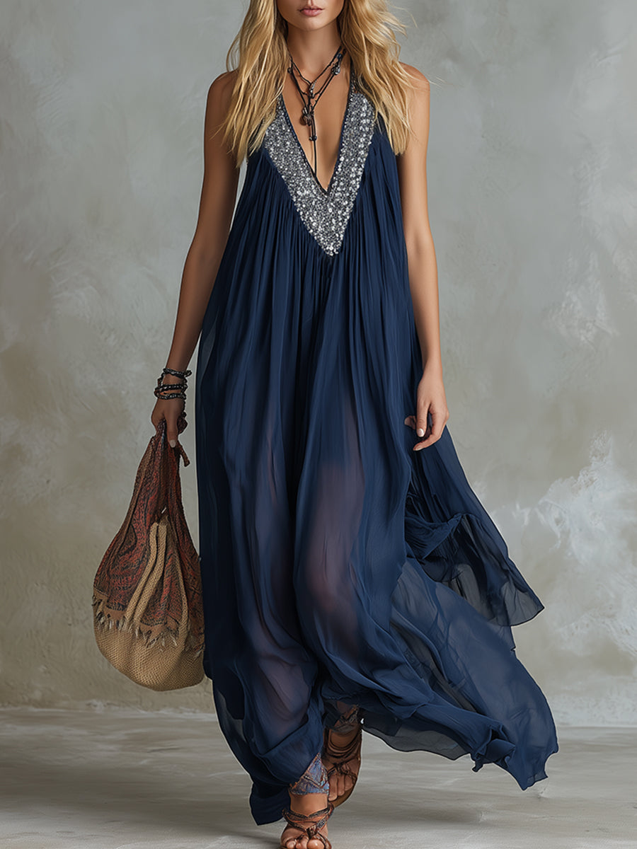 Classic Silhouette Sequin-Embellished Neckline Navy Chiffon Sleeveless Maxi Dress