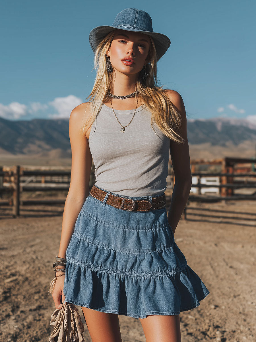 Western-style Ruffled Denim Mini Skirt