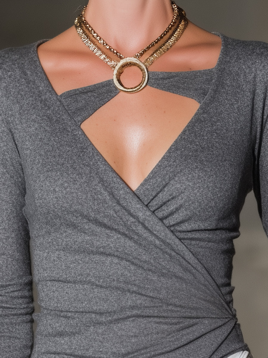 Elegant Grey Knit High-elastic Patchwork With Gold Trim Top