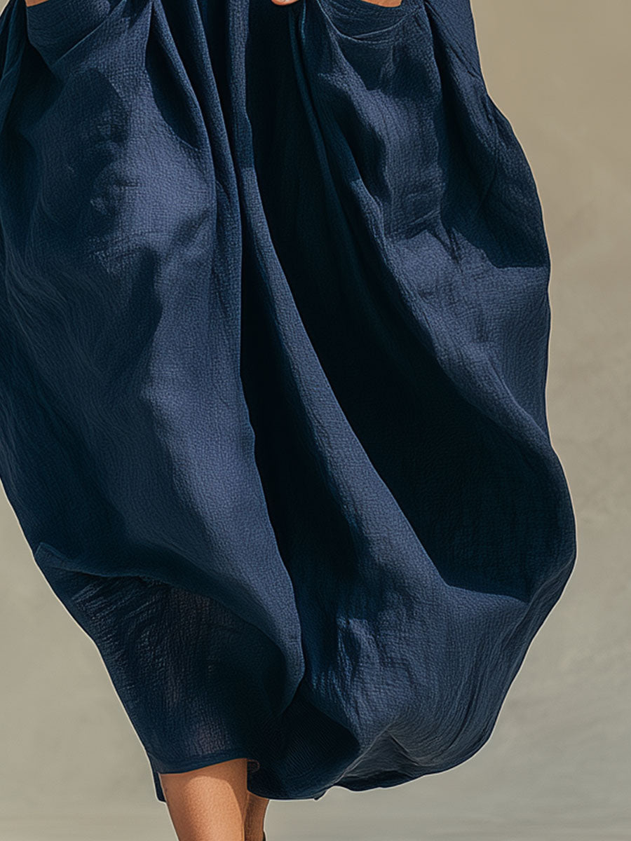 Casual Loose-fitting Blue Short-sleeved Tencel Denim Midi Dress