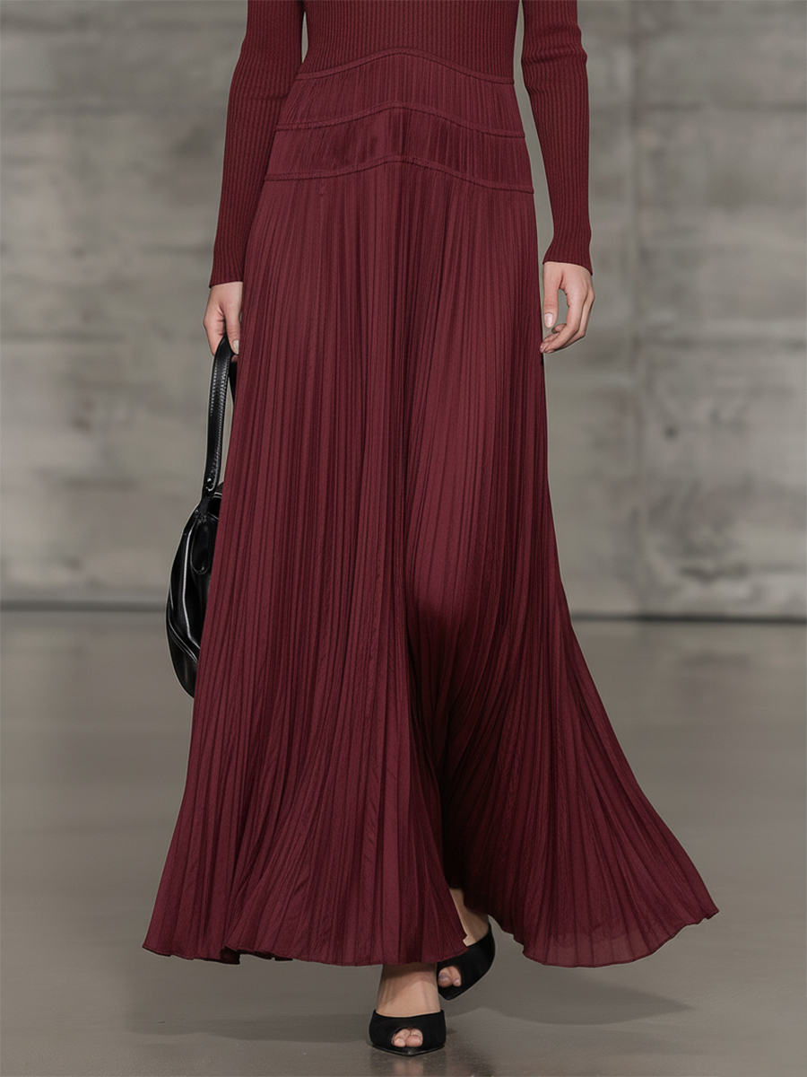 Stylish Knitted Round Neck Top With Matte Satin Pleated Hem Maxi Dress