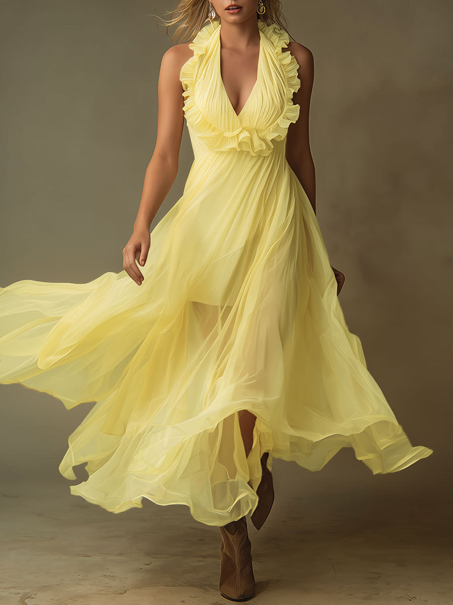 Elegant Resort-style Yellow Ruffled Halter Neck V-neck Chiffon Maxi Dress