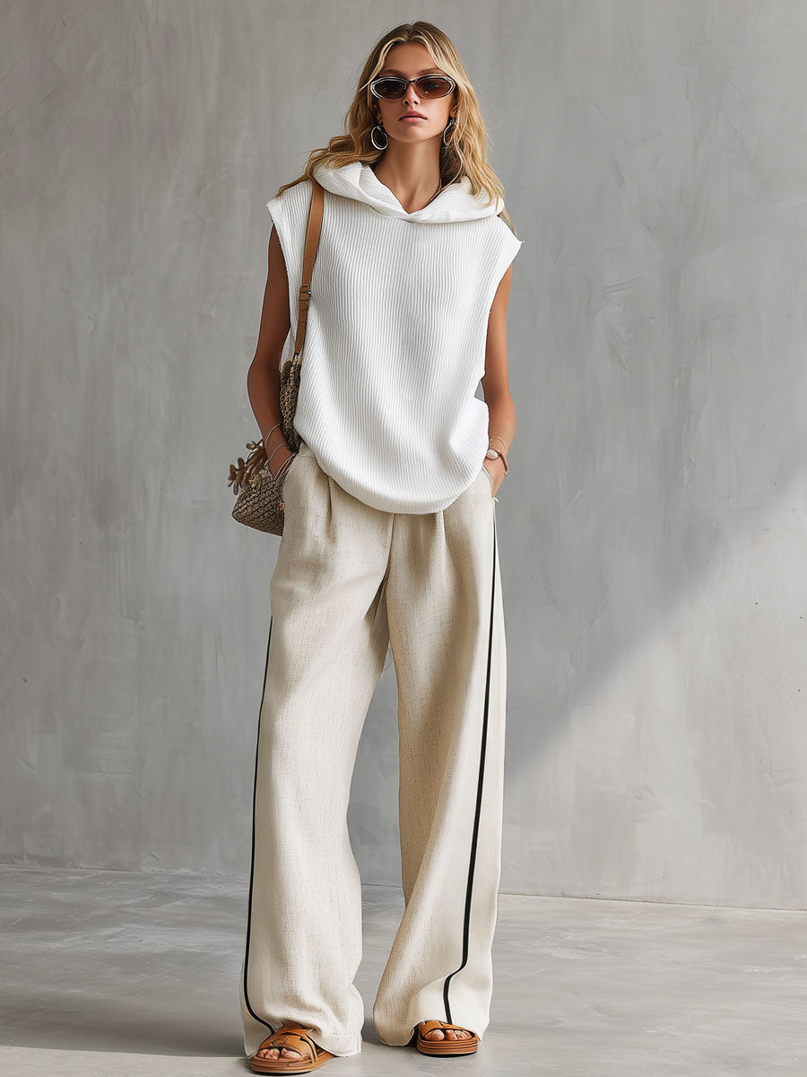 Casual Retro White Hooded Knitwear Linen Pants Set