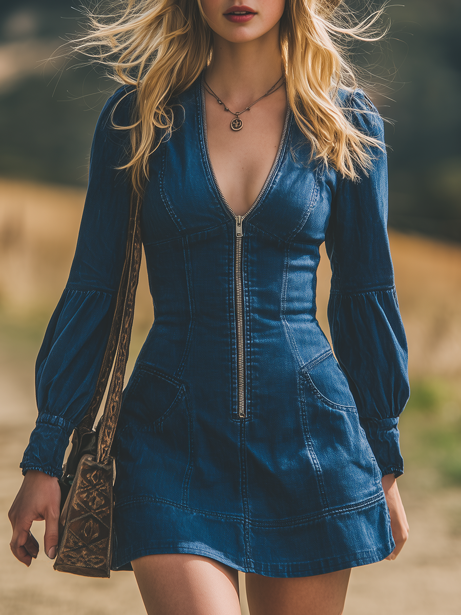 Retro Western Style Zippered V-neck Mini Denim Dress