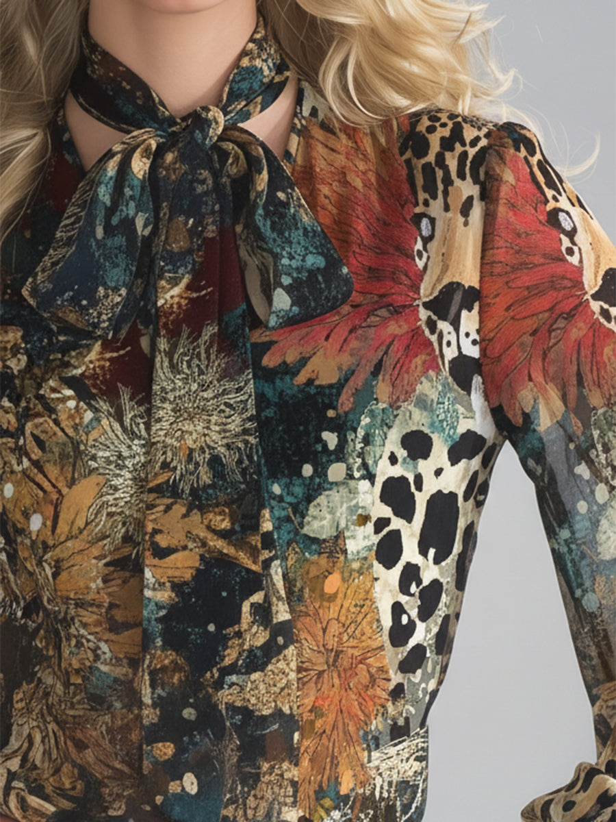 Retro-chic Art Print Chiffon Ribbon Shirt