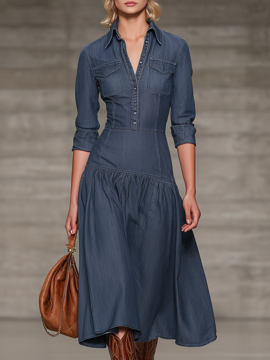 Stylish Blue Denim Button-down Long-sleeved Midi Dress