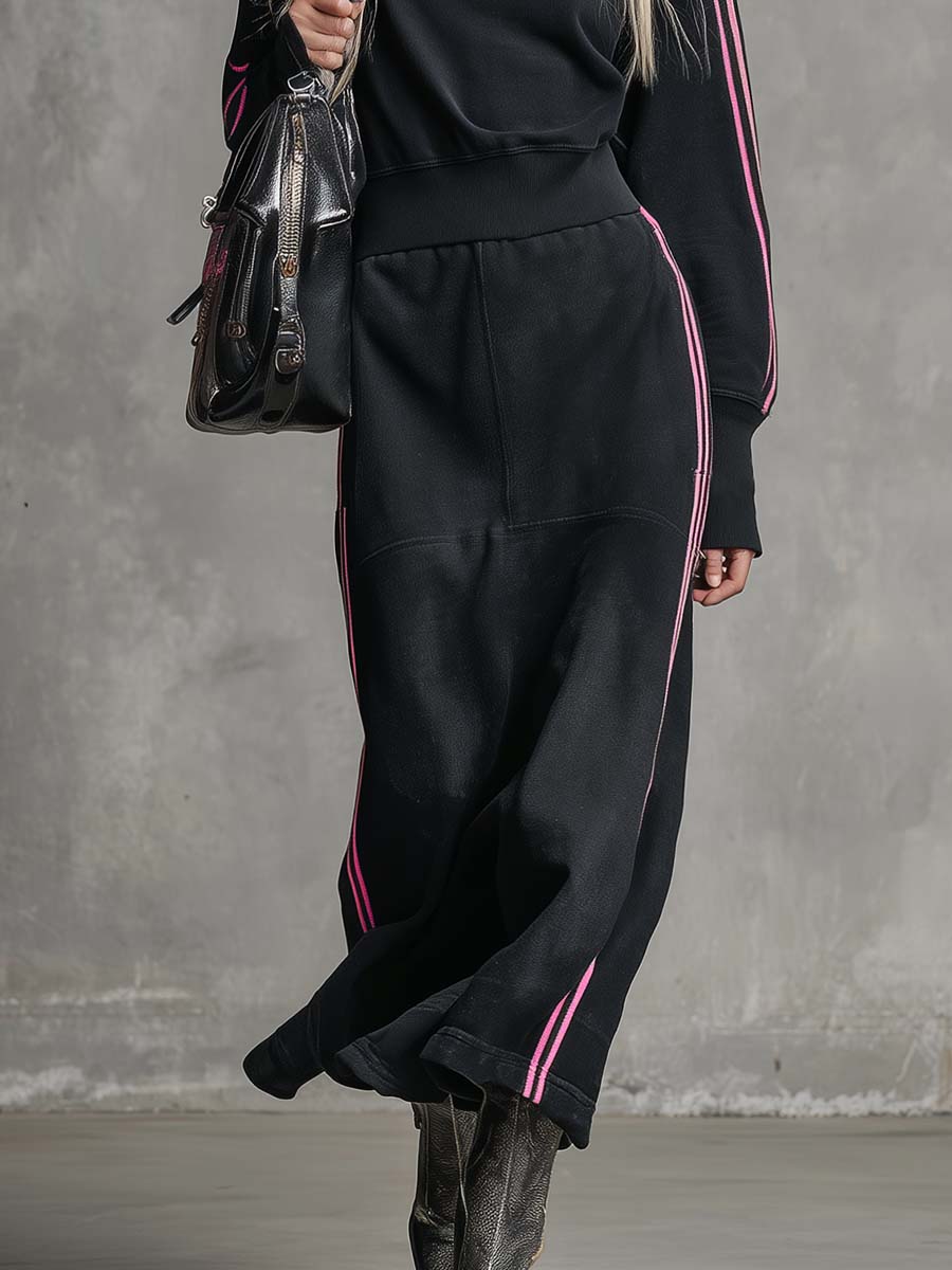 Elegant Retro Sporty Lapel Front Zipper Pink Trim Black Cotton Maxi Dress
