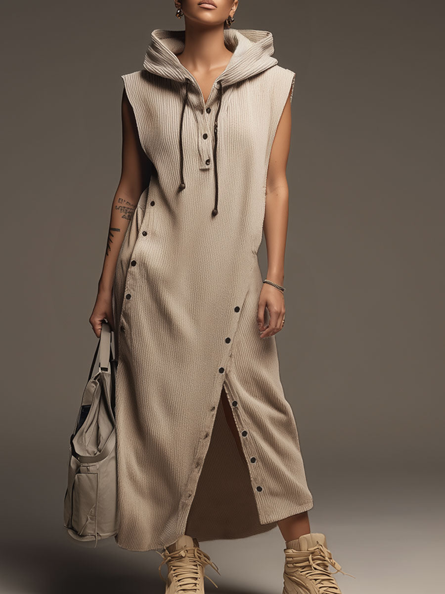 Sporty Retro Khaki Knit Ribbed Sleeveless Hooded Slit Maxi Dress