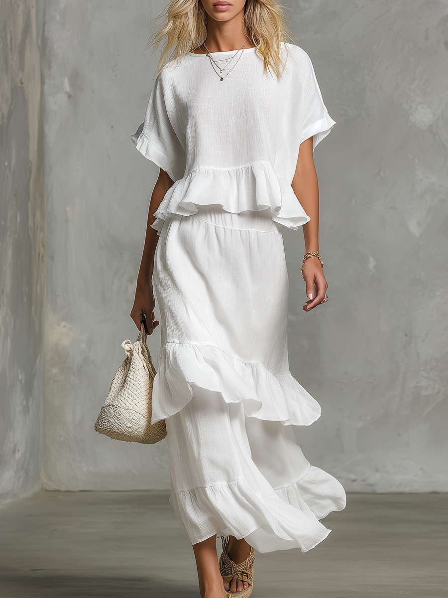 Retro High-quality Elegant Solid-color Sleeveless Top And Ruffle Skirt Set