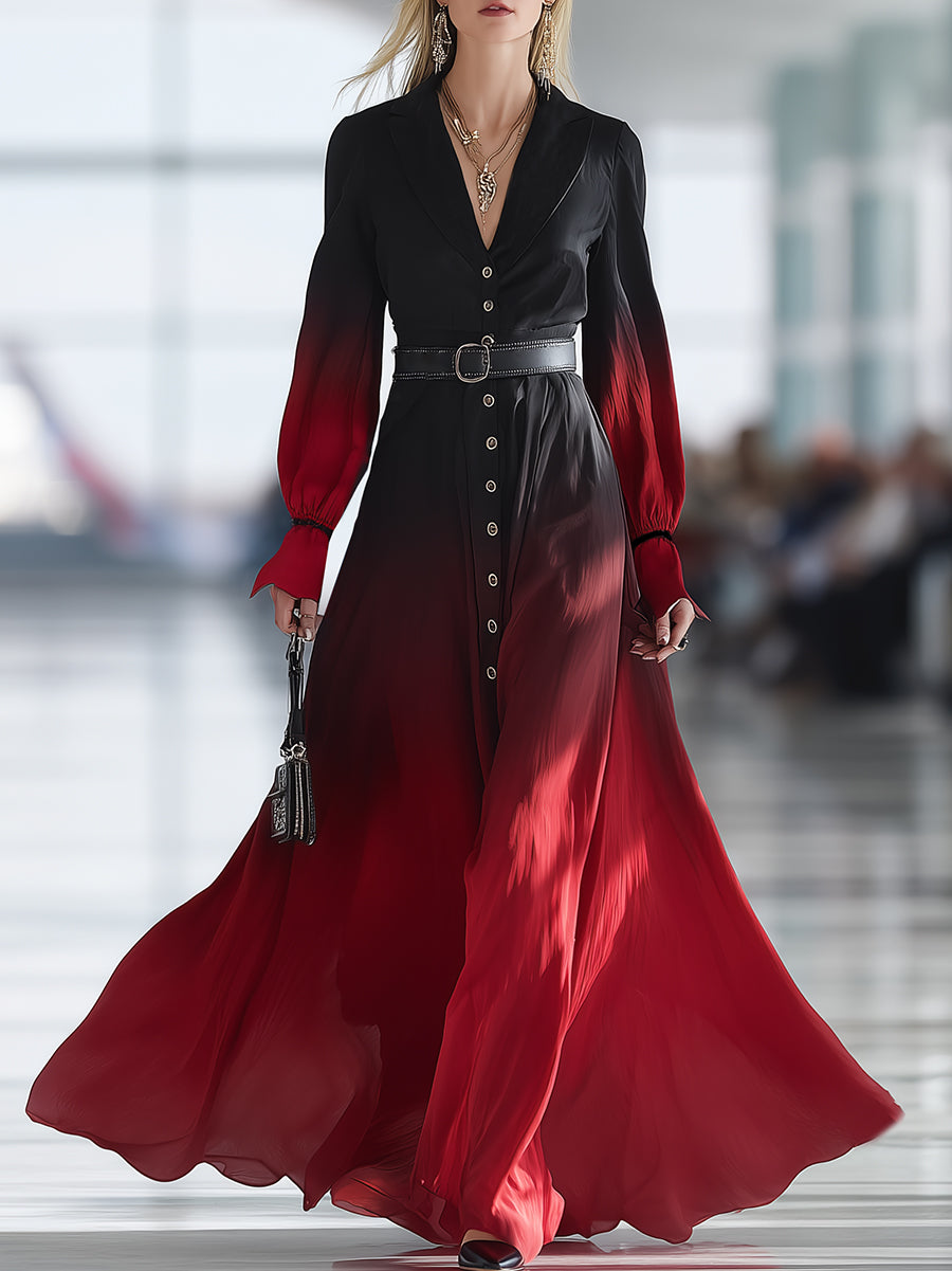 Stylish And Casual Button-down Collar Black And Red Gradient Maxi Dress