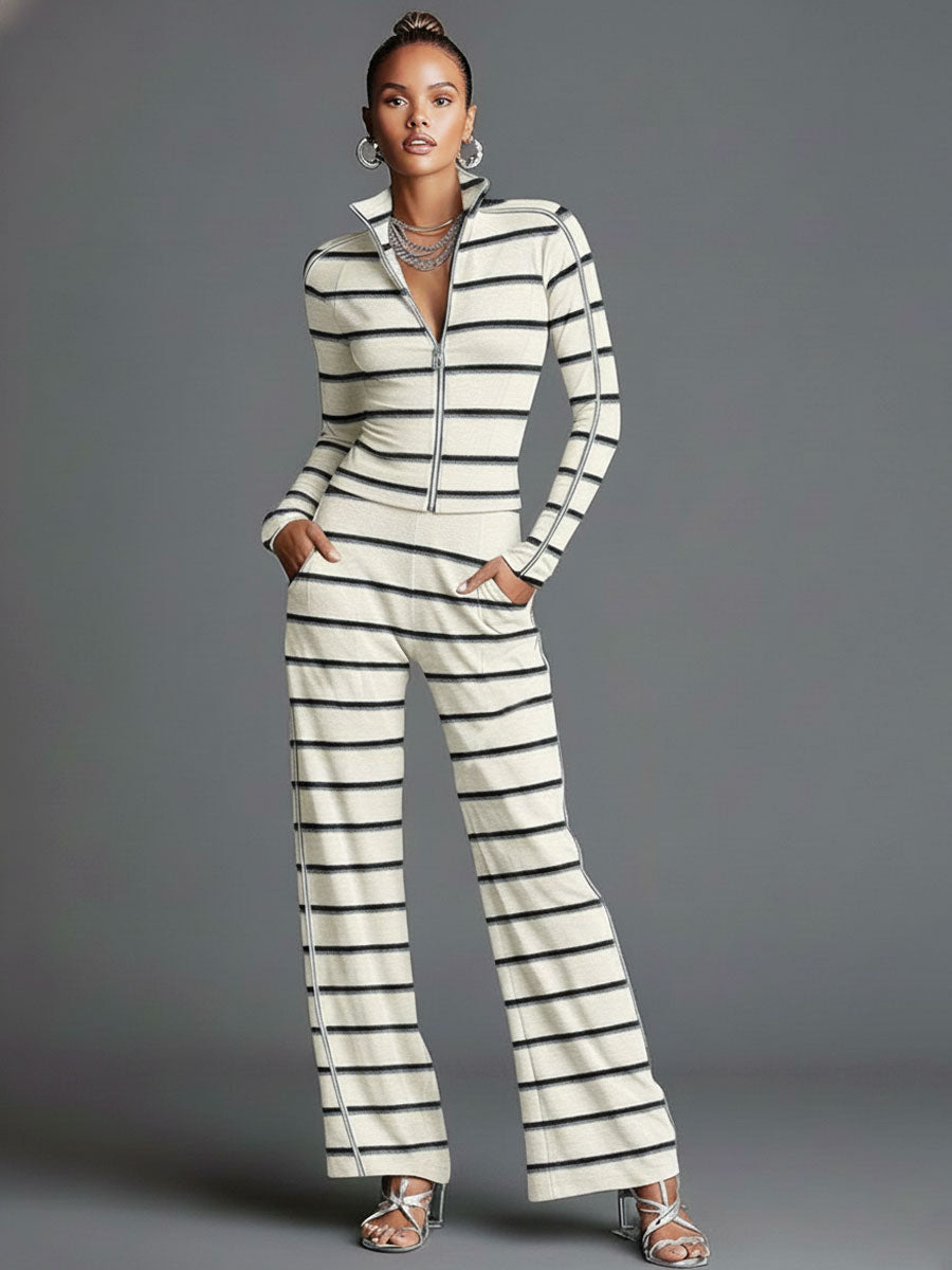 Sporty Retro Off-White Striped Knit Zipper Top And Wide-Leg Pants Set