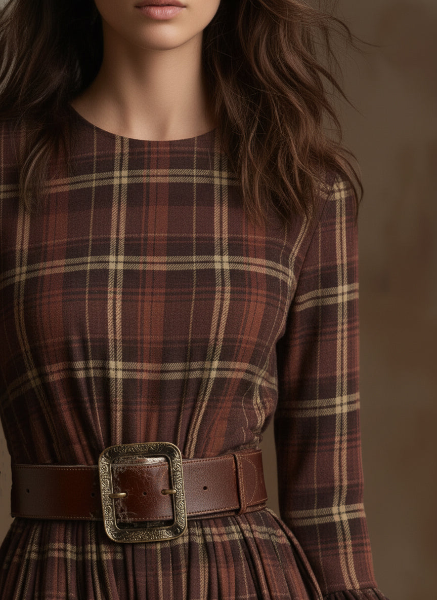 Elegant Retro Brown-red Plaid Flared Sleeve Midi Dress