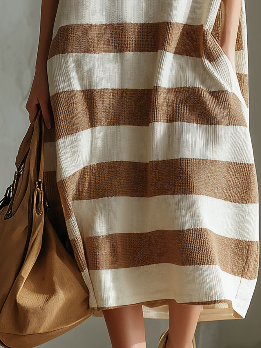 Casual Retro Brown And White Striped Sleeveless Knit Midi Dress