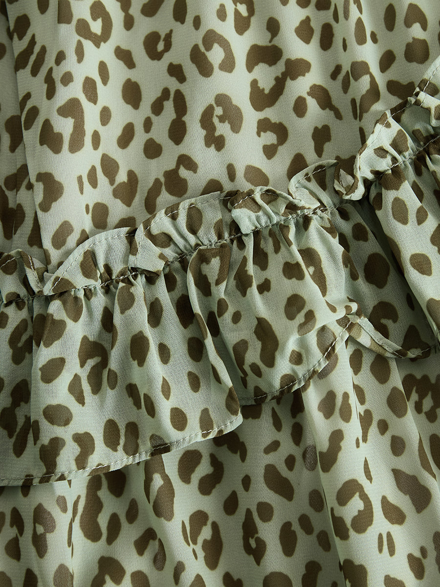 Vintage And Elegant V-neck Ruffled Leopard Print Chiffon Midi Dress