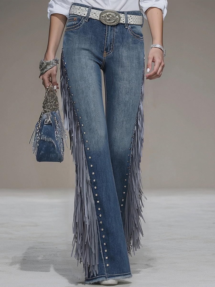 Western Blue Denim Side Tassel Rivet Flared Pants