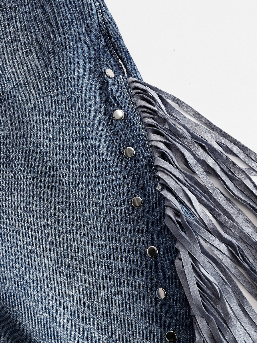 Western Blue Denim Side Tassel Rivet Flared Pants