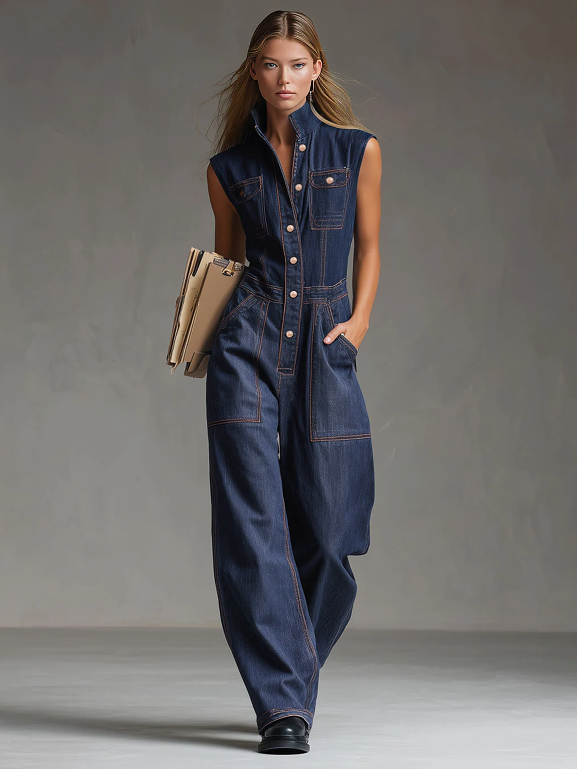 Casual Retro Multi-pocket Topstitching Dark Blue Denim Sleeveless Balloon Jumpsuit