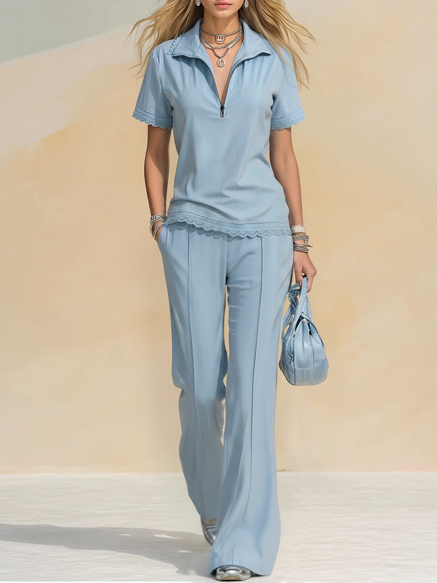 Retro-style Sporty Lace Trim Short Sleeve T-shirt And Flared Pants Set