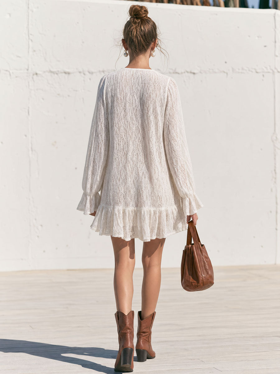 Stylish And Elegant White Lace Long-sleeved Ruffle Mini Dress