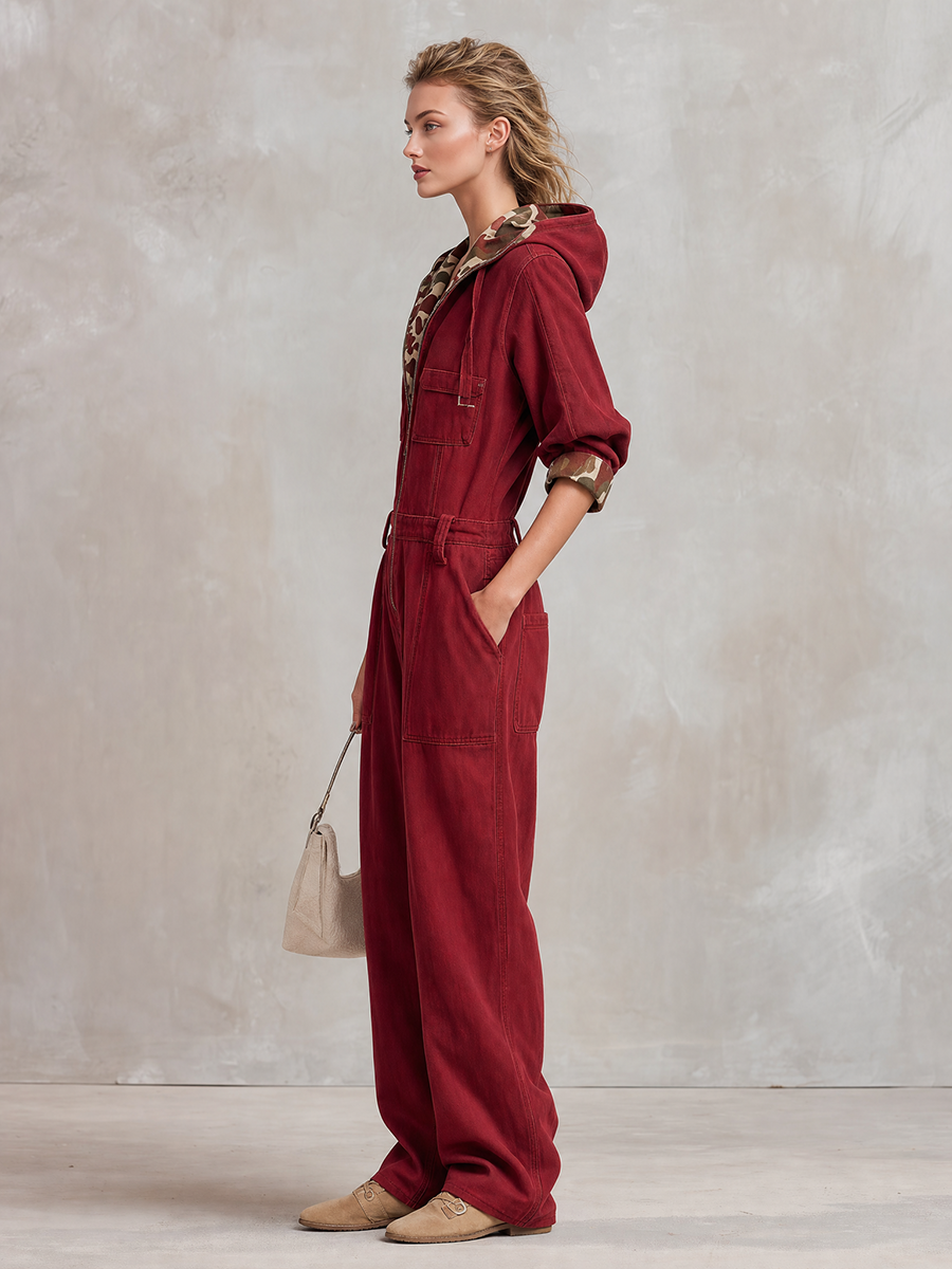 Casual Hooded Zip Camo-sleeve Distressed Denim Dress