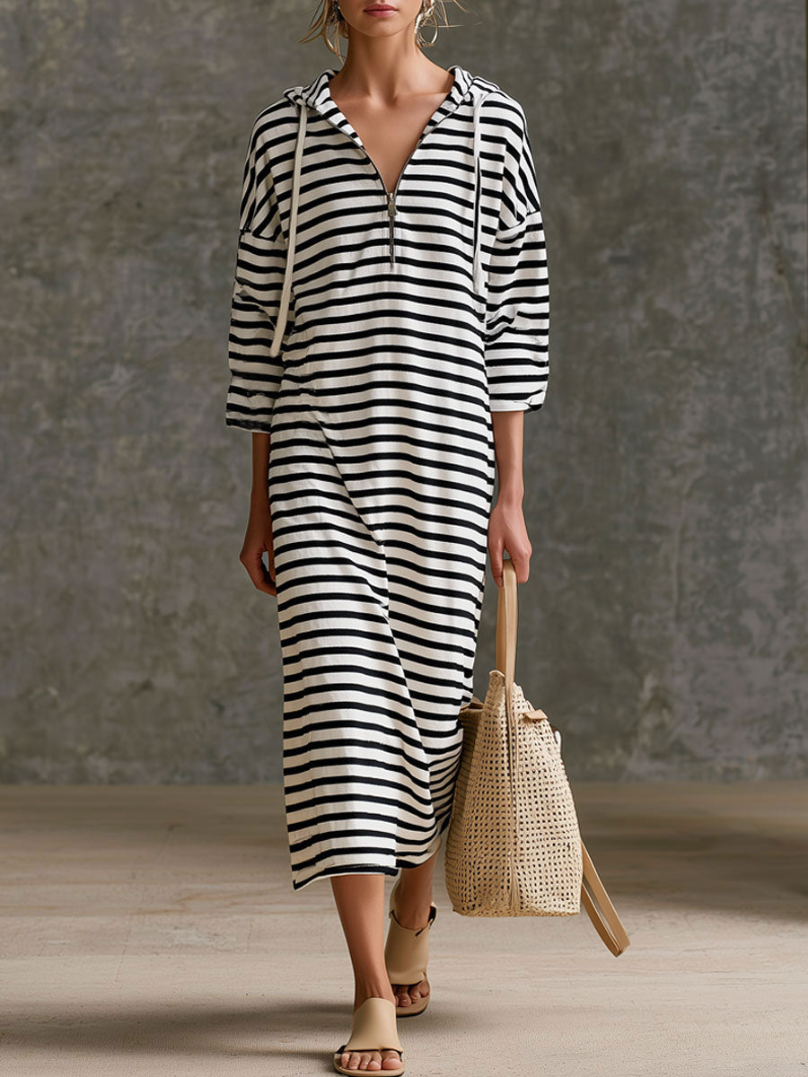 Casual Sporty Retro Black And White Striped Pure Cotton Hooded Midi Dress, Black / XS