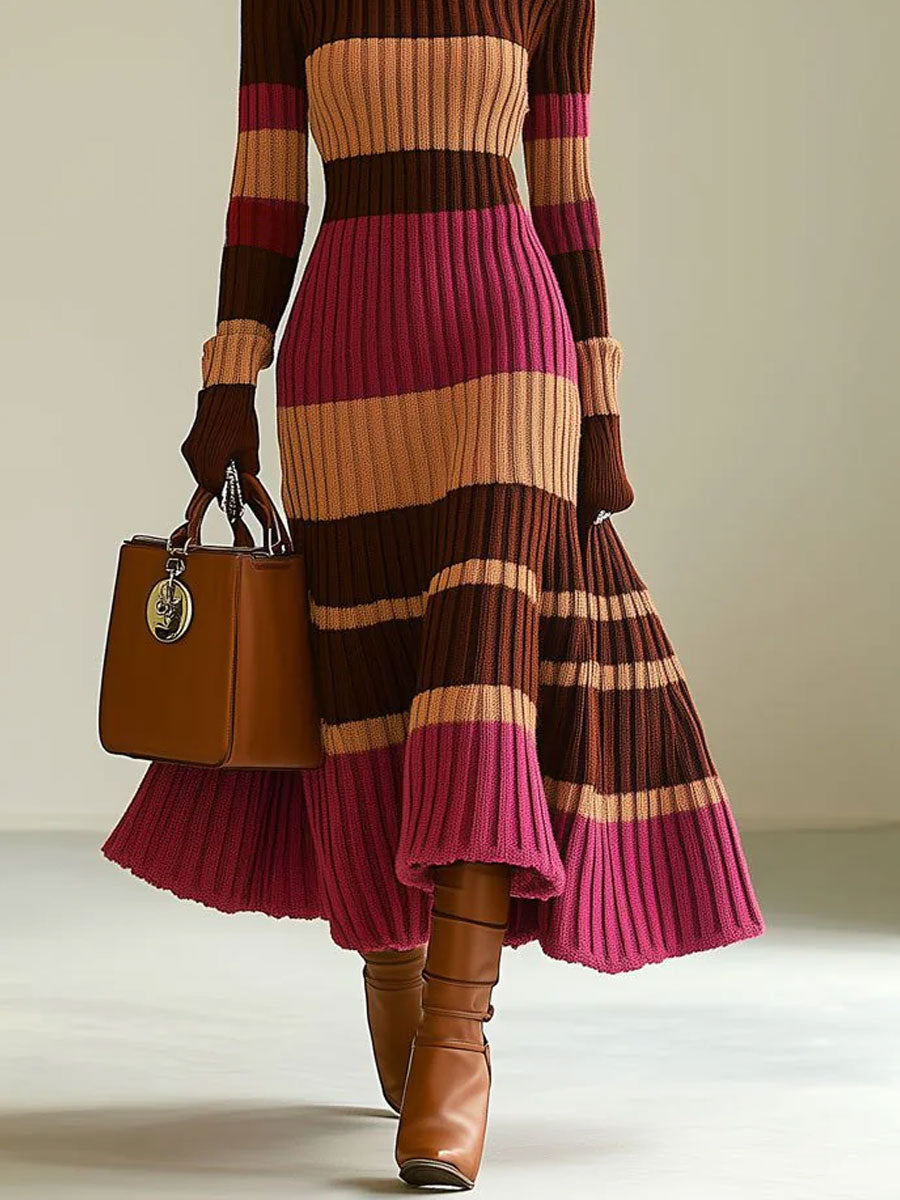 Fashion Loose Retro Color Striped Knitted Turtleneck Midi Dress