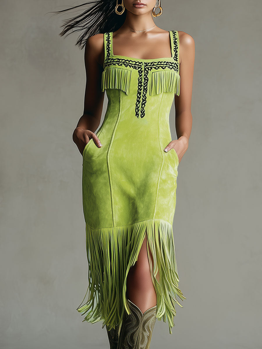Western Retro Fluorescent Green Faux Suede Embroidered Tassel Midi Dress