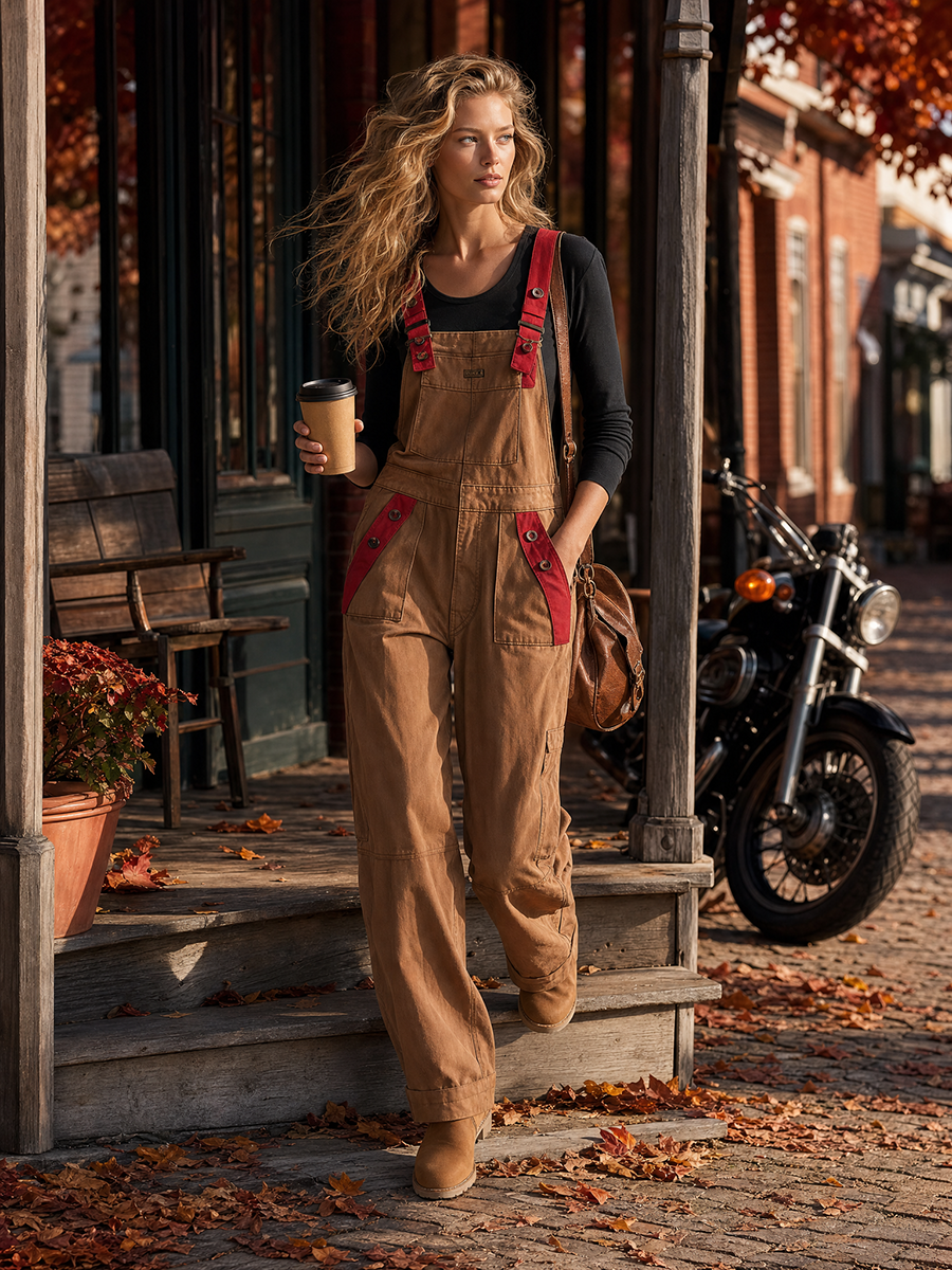 Retro American-style Adjustable-strap Red-paneled Big-pocket Wide-leg Jumpsuit