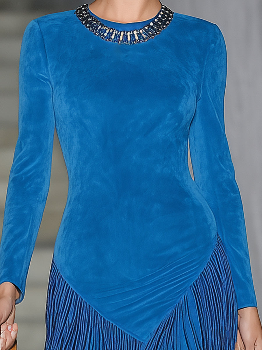 Western Blue Faux Suede Patchwork Tassel Mini Dress