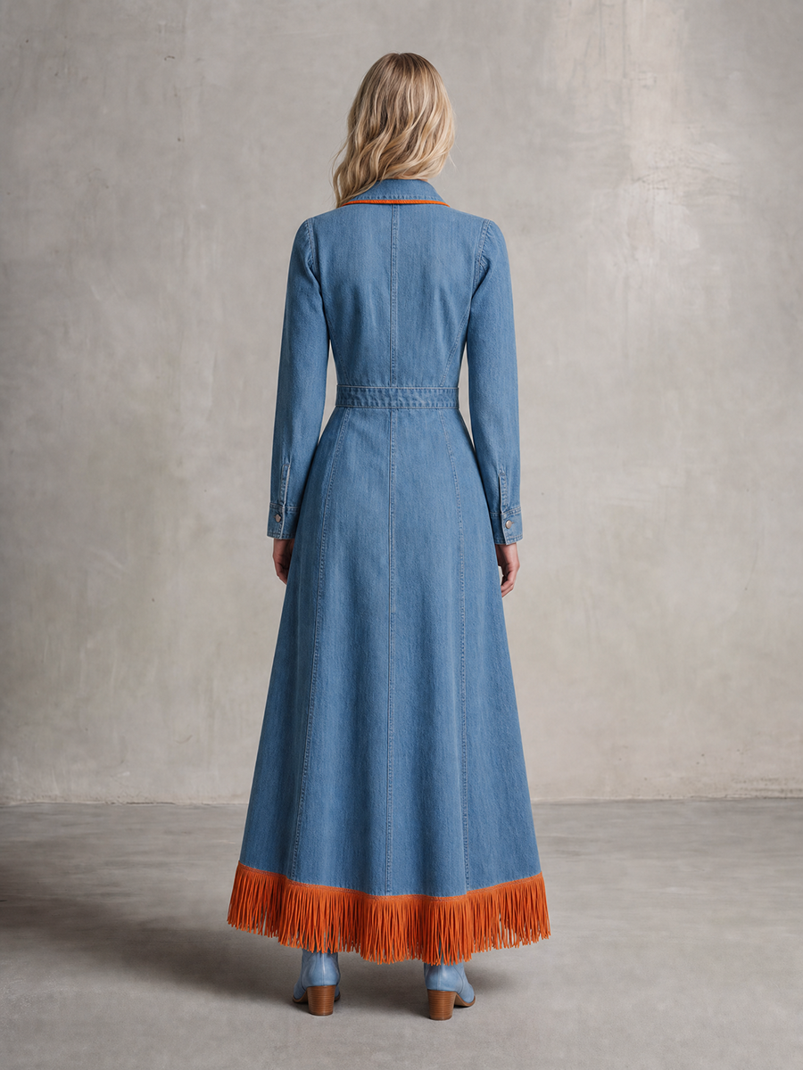 Retro Striped Piped Zip Belted Big-pocket Slit Long Denim Dress