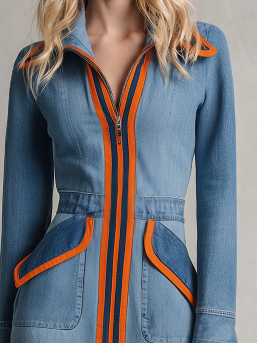 Retro Striped Piped Zip Belted Big-pocket Slit Long Denim Dress