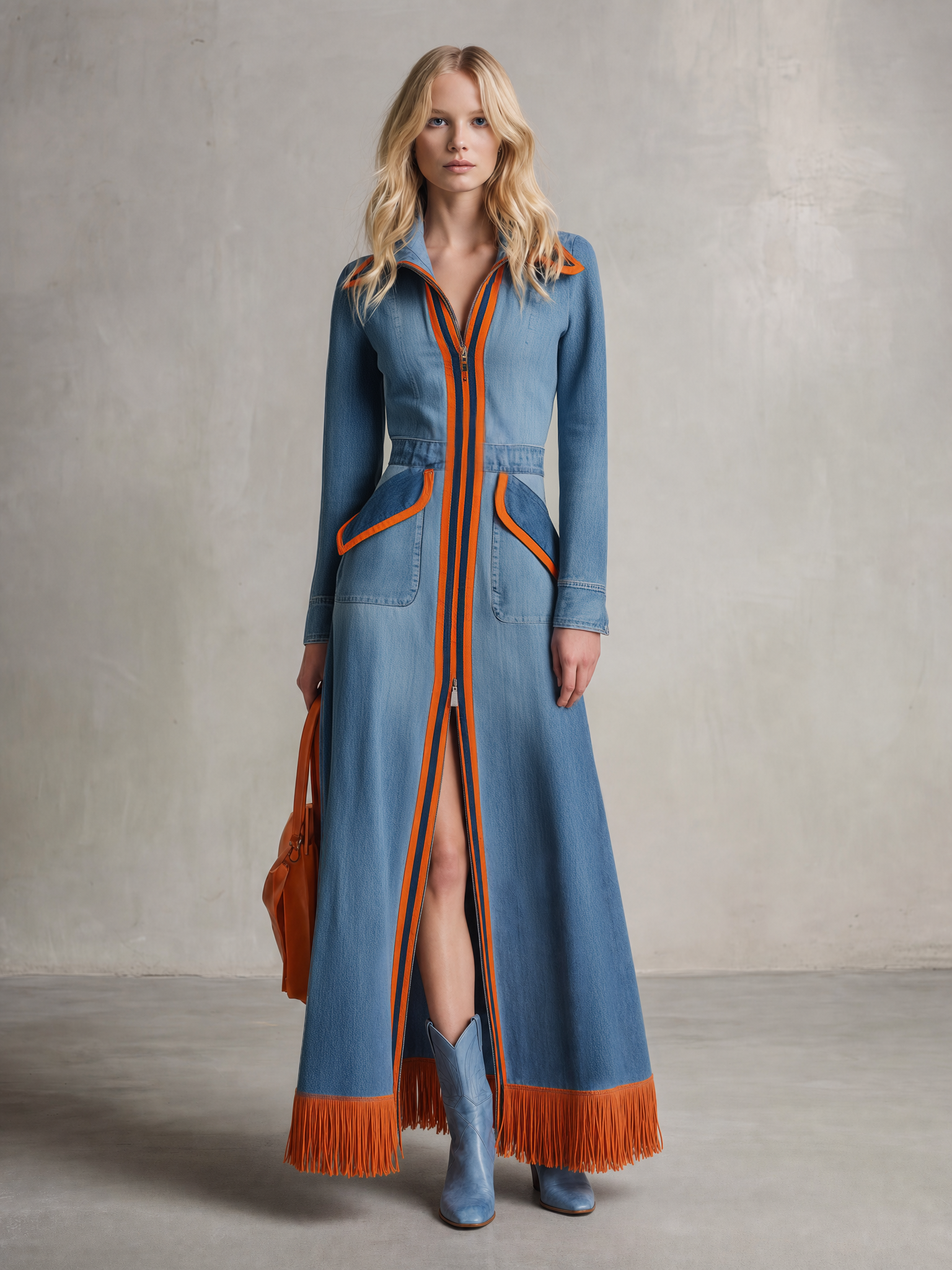 Retro Striped Piped Zip Belted Big-pocket Slit Long Denim Dress