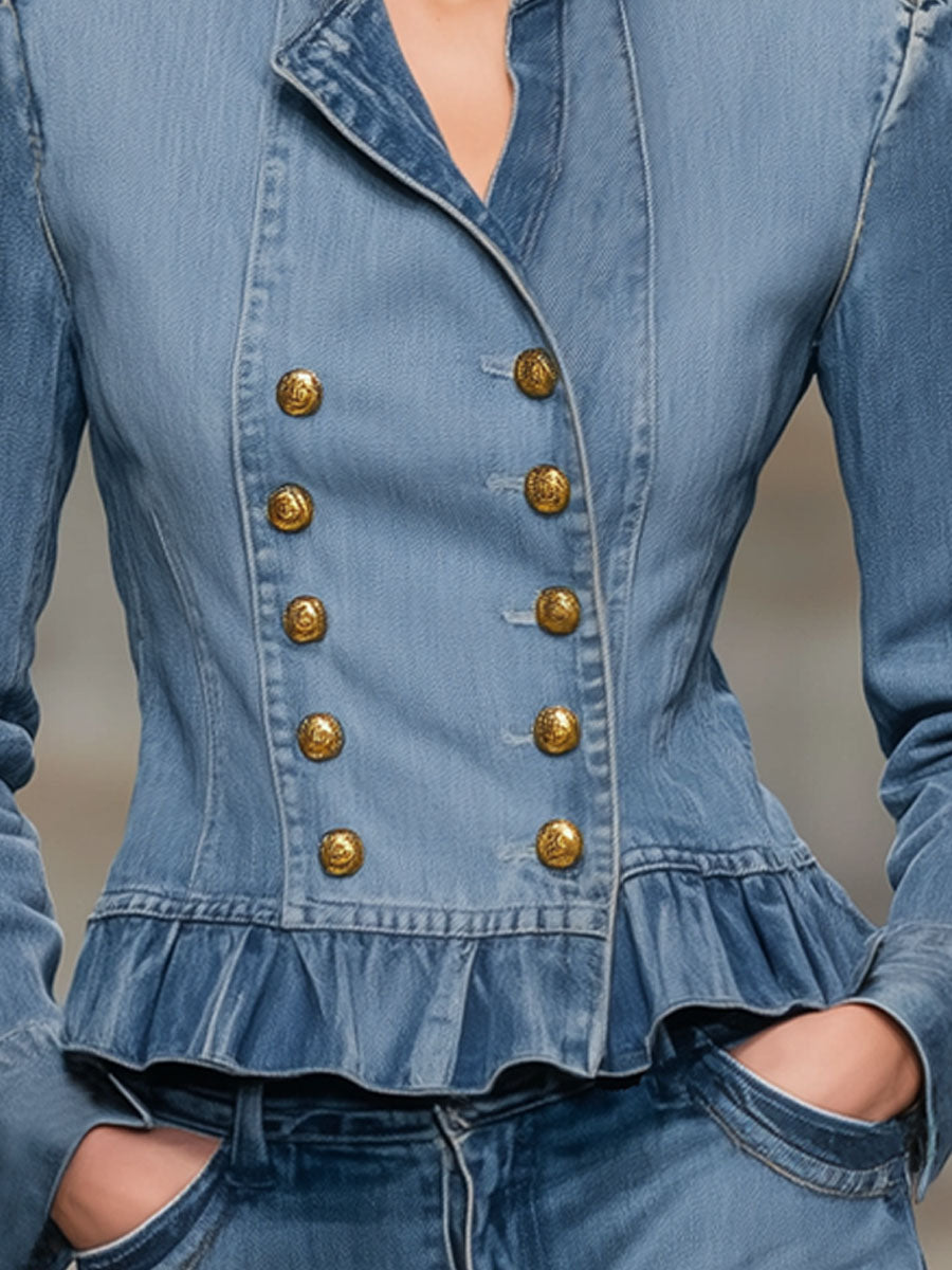 Retro-style Stand-up Collar Double-breasted Ruffled Denim Jacket