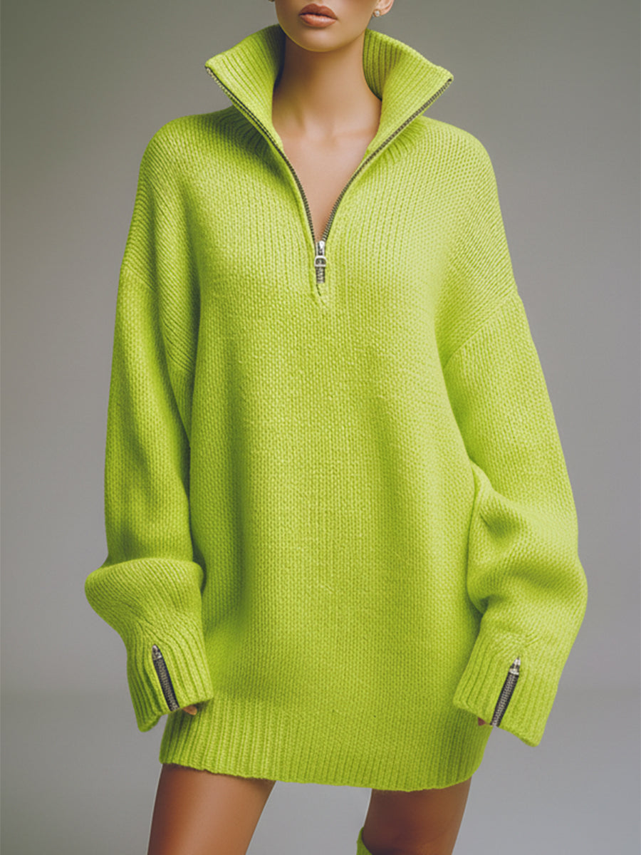 Casual Loose-fitting Green Knitted Mini Dress