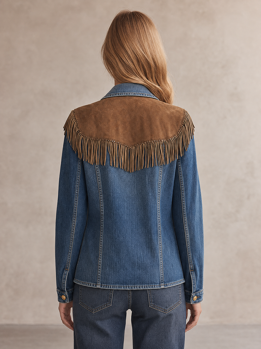 Retro Blue Suede Fringe-paneled Denim Blazer