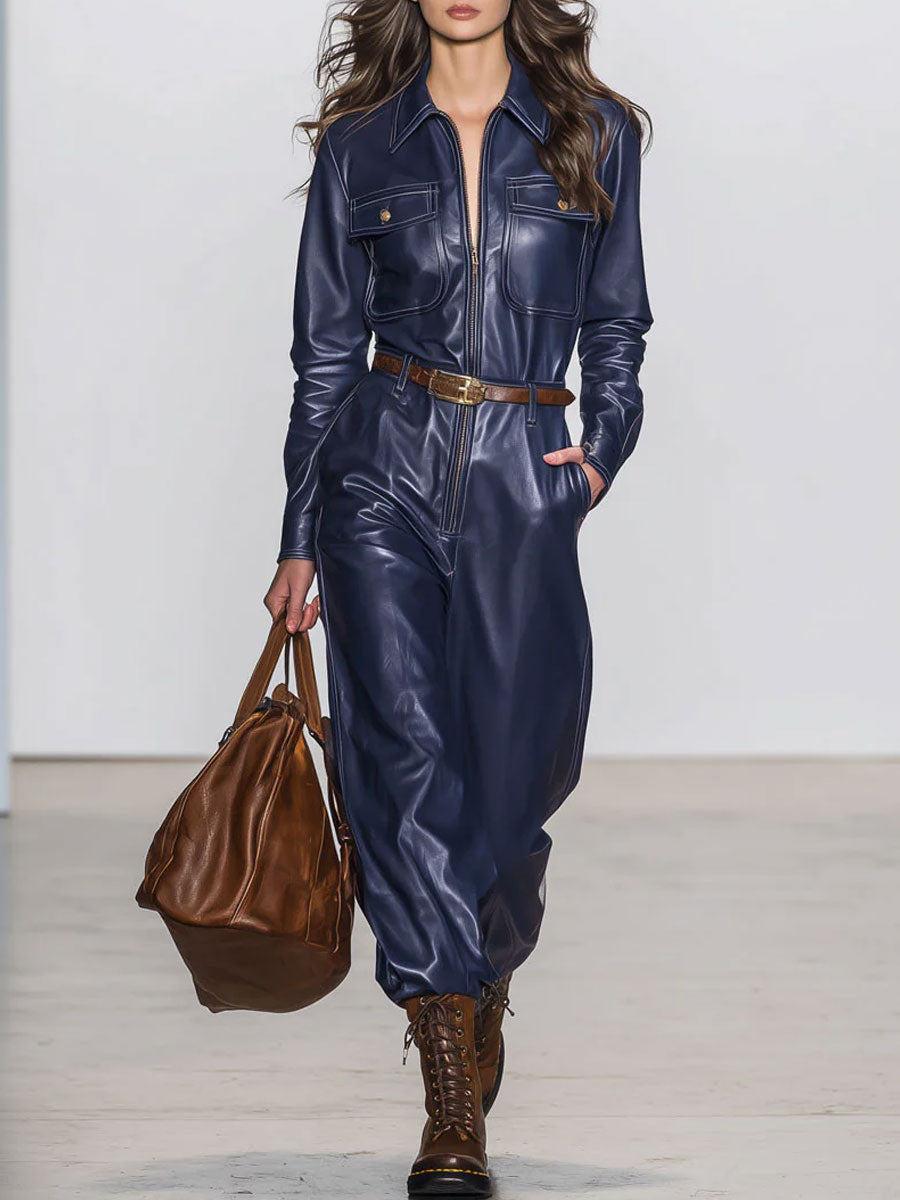 Casual Retro Dark Blue Faux Leather Long-Sleeved Lace-Up Wide-Leg Jumpsuit