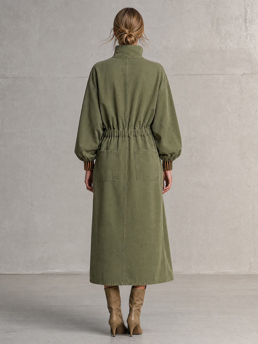 Retro Stand-collar Half-zip Striped Cuffed Belted Workwear Dress