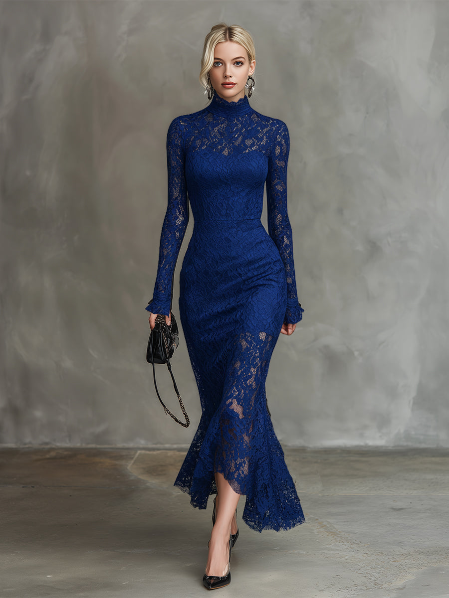 Elegant Party Black Stretch Lace Fishtail Maxi Dress