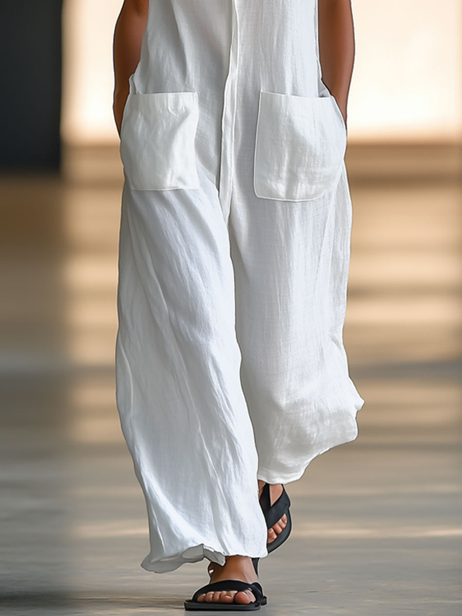 【24-hour shipping out】Casual Loose Retro White Breathable Linen Sleeveless Wide Leg Pants Jumpsuit