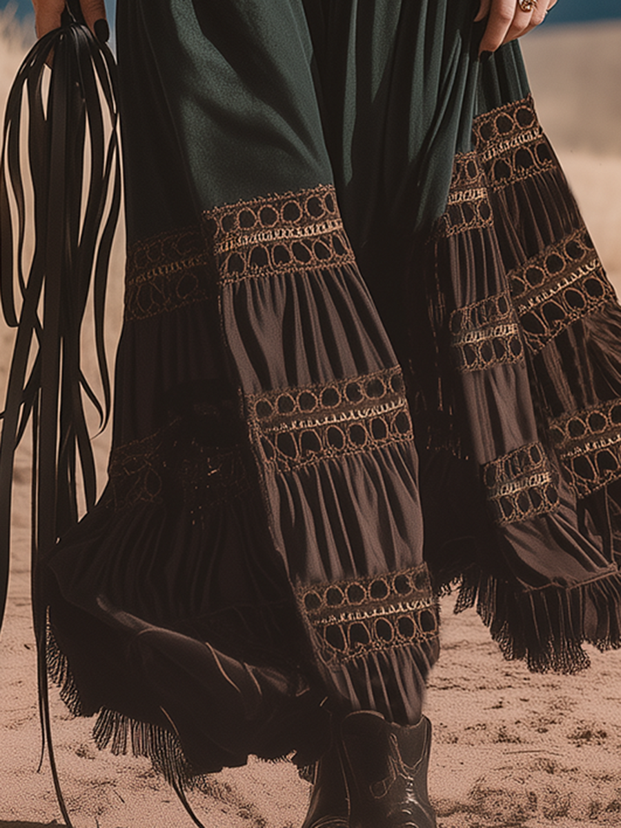 Retro-chic Bohemian Brown And Dark Green Faux Suede Long Skirt