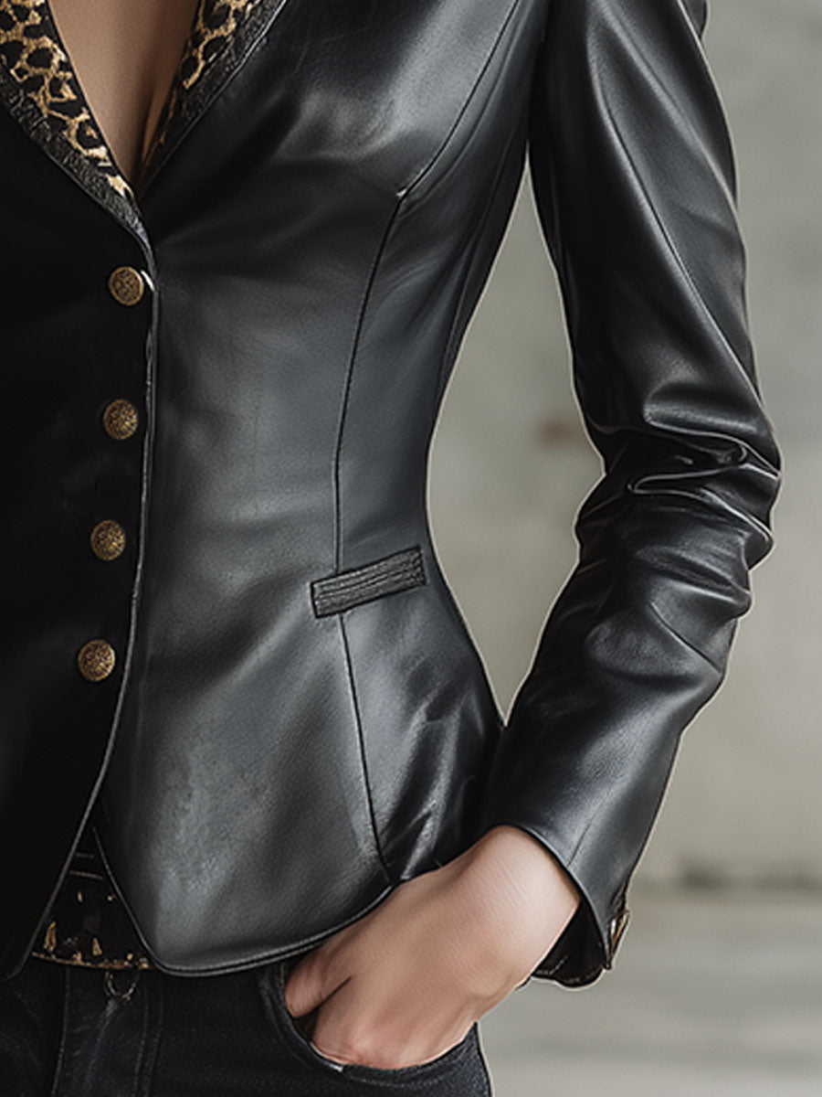 Retro Leopard Print Collar Black Faux Leather Jacket